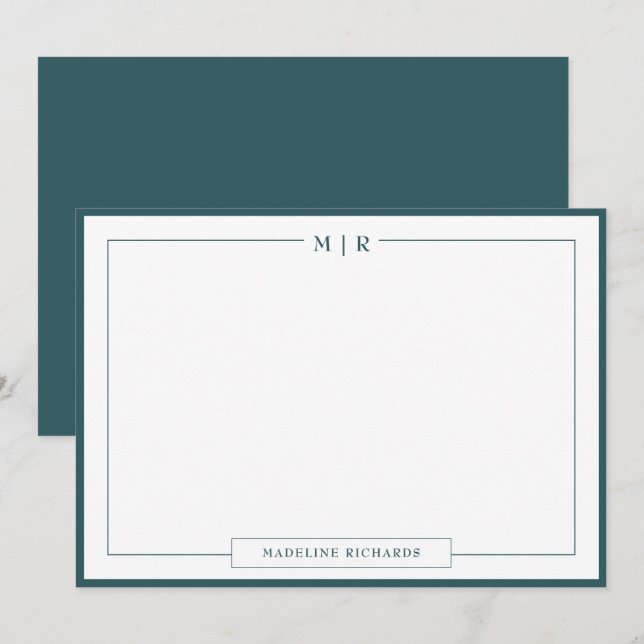 Classic Monogram Smoke Green Border Stationery Card (Front/Back)