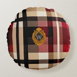 Classic Monogram Stylish Plaid Beige Red & Black Round Pillow