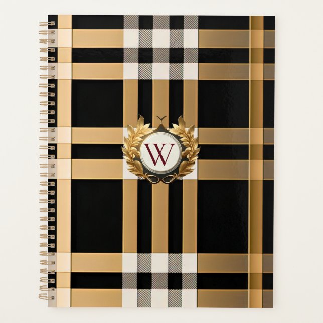 Classic Monogram Stylish Plaid Grey, Black & Beige Planner (Front)