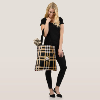 Classic Monogram Stylish Plaid Grey, Black & Beige Tote Bag