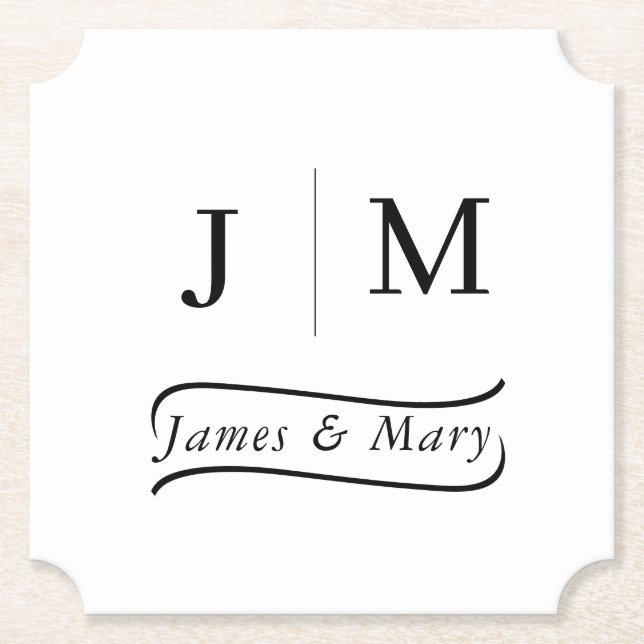 Classic Monogram Wedding Calligraphy line Paper Coaster (Front)