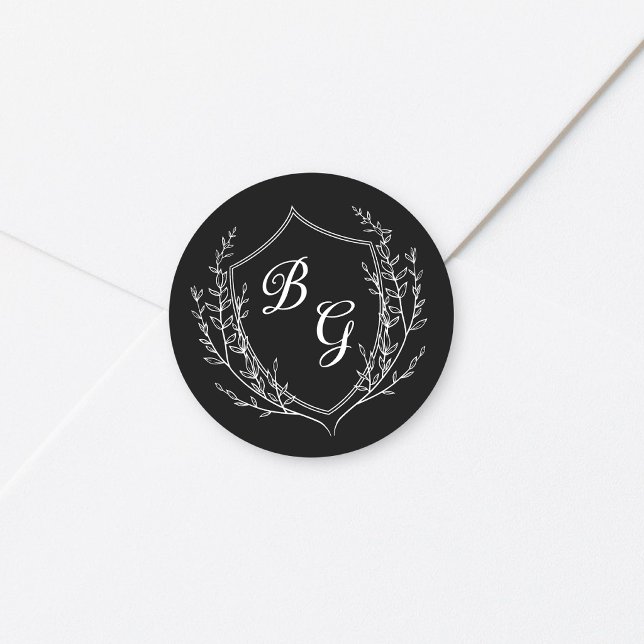 Classic monogram wedding crest black and white round sticker (Creator Uploaded)