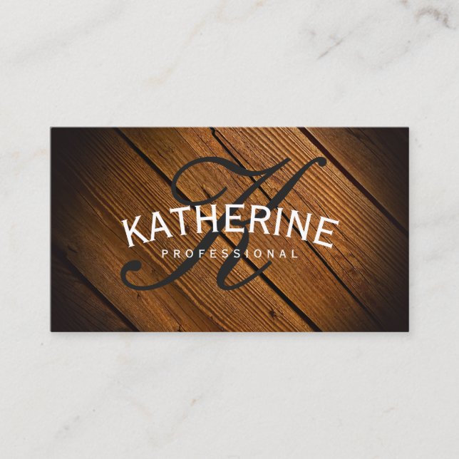 Classic Monogram Wood Panel with Arc Text Business Card (Front)