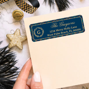 Classic Monogram Wreath Blue Plaid Christmas