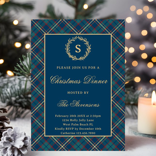 Classic Monogram Wreath Blue Plaid Christmas Party Invitation (Creator Uploaded)