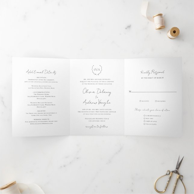 Classic Monogram Wreath Crest Elegant Wedding Tri-Fold Invitation (Inside)