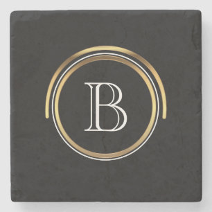 Classic Monogrammed Initial Elegant Black Gold Stone Coaster