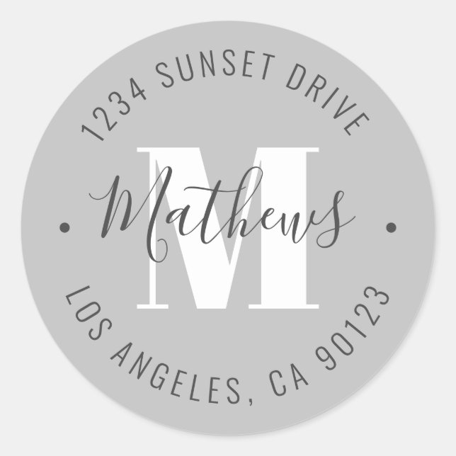 Classic Monogrammed Name & Circular Text | Grey Classic Round Sticker (Front)