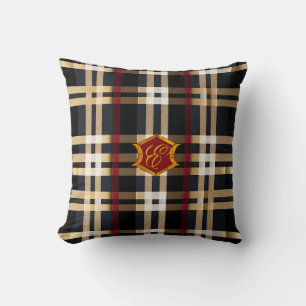 Classic Monogrammed Plaid Beige Red & Black  Throw Pillow