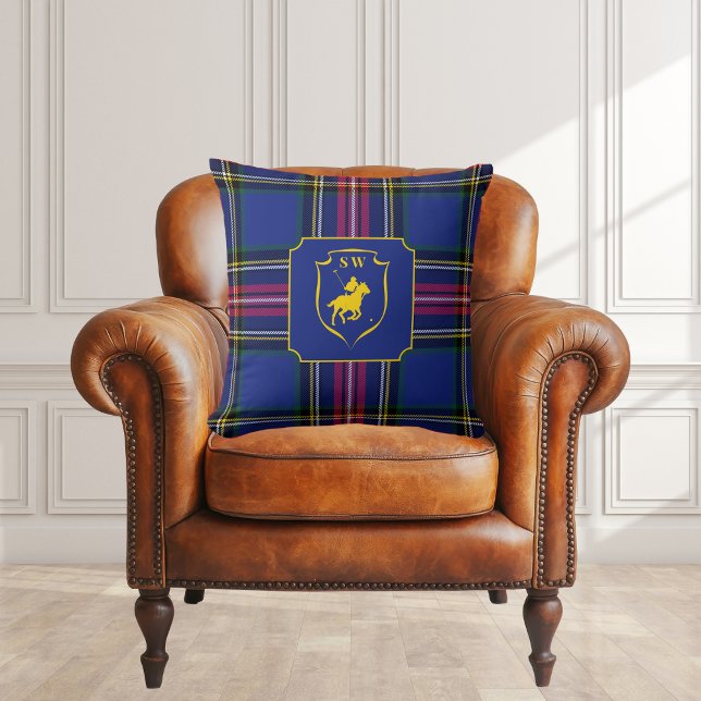 Classic Monogrammed Polo Equestrian Tartan Plaid  Throw Pillow (Creator Uploaded)