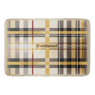 Classic Monogrammed Tan and Taupe Plaid Bath Mat