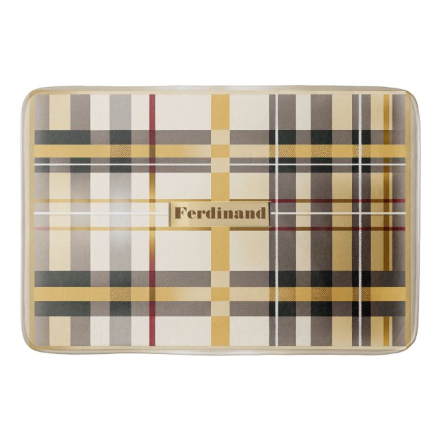 Classic Monogrammed Tan and Taupe Plaid  Bath Mat (Front)