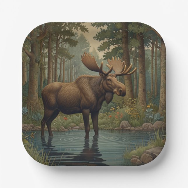Classic moose boho woodland forest greenery  paper plate (Front)