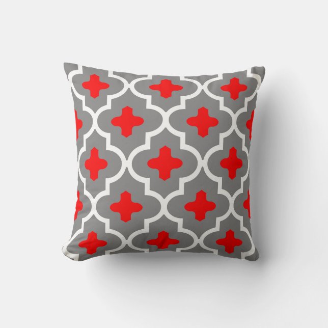 Classic Moroccan Tile, Grey / Grey and Red Throw Pillow (Front)