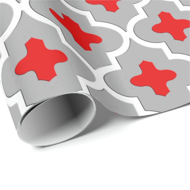 Classic Moroccan Tile, Grey / Grey and Red Wrapping Paper (Roll Corner)