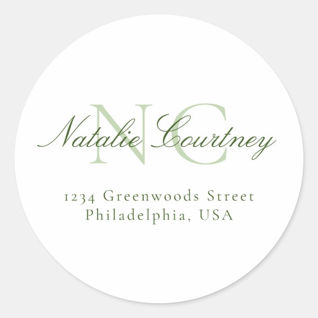 Classic Moss Green Minimalist Two Monogram Round Sticker (Front)