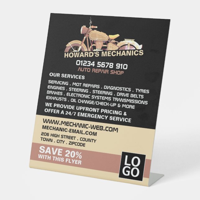 Classic Motorcycle, Auto Mechanic & Repairs Advert Pedestal Sign (Front)