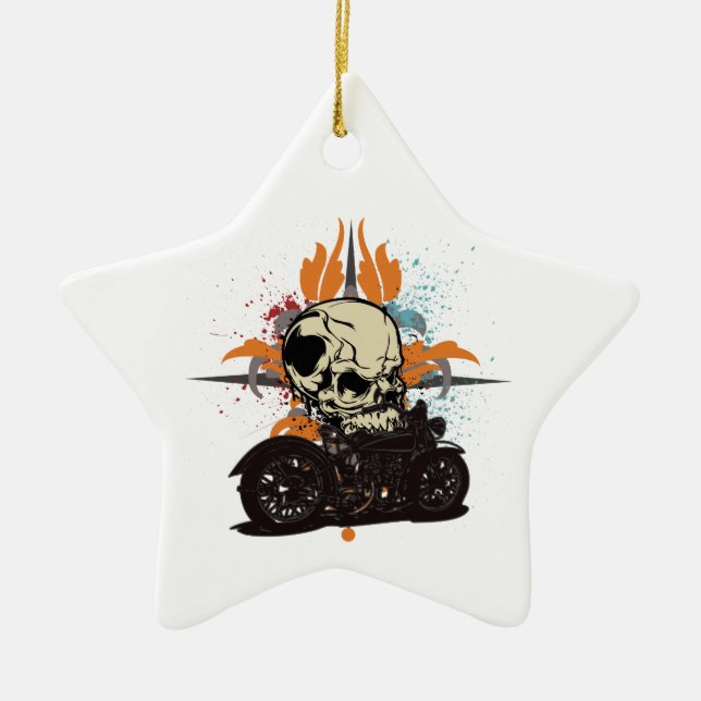 Classic Motorcycle Skull With Paint Splashes Ceramic Ornament (Front)