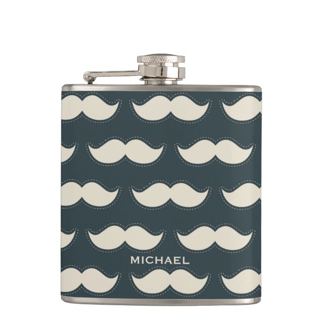 Classic Moustache Pattern on Black Personalised Hip Flask (Front)