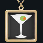 Classic Movie Martini Necklace (black)<br><div class="desc">This Classic Movie Martini Necklace features a black background and the image of a white silhouette of a martini glass. Inside the glass is a glorious green olive with an orange pimento. This is a fun necklace for everyone who wishes they were a character in a classic movie. Shaken not...</div>