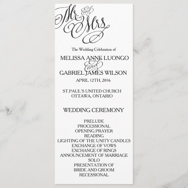 Classic Mr. & Mrs. Wedding Program (Front)