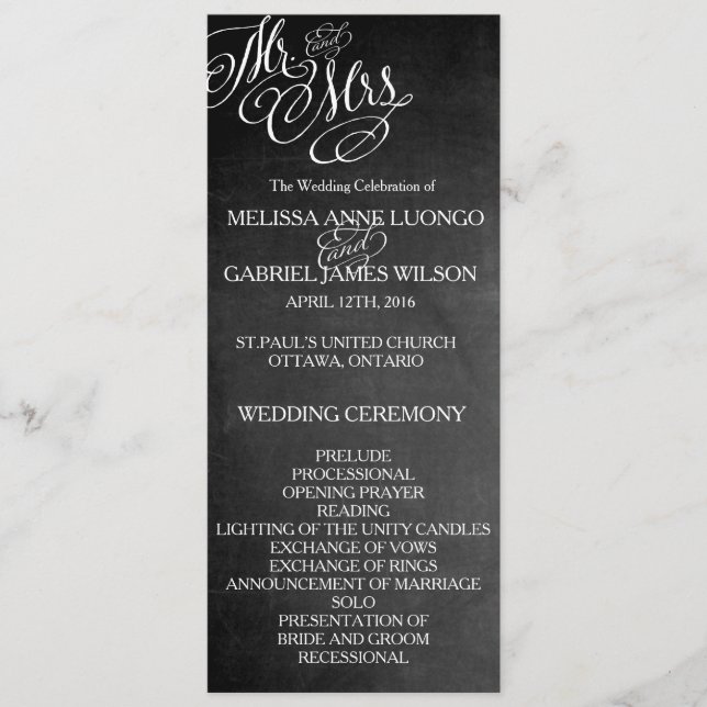 Classic Mr & Mrs Wedding Programme Chalkboard (Devant)