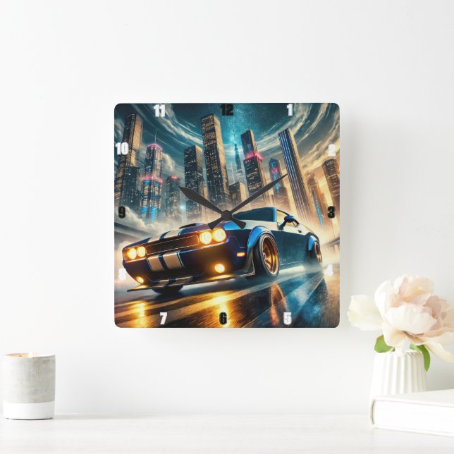 Classic Muscle Car Against Futuristic Cityscape  Square Wall Clock (Home)