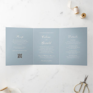 Classic Muted Blue QR Code Elegant Wedding Tri-Fold Invitation
