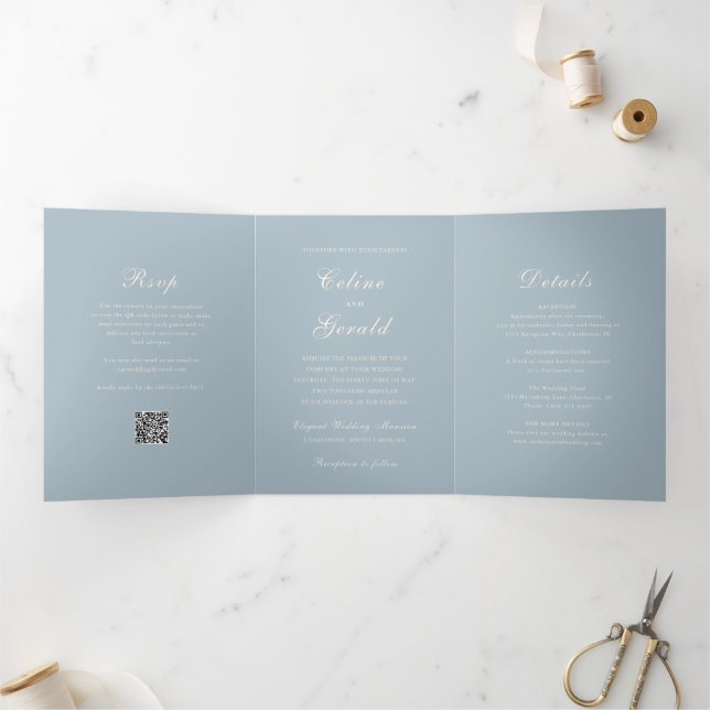 Classic Muted Blue QR Code Elegant Wedding Tri-Fold Invitation (Inside)