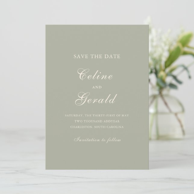 Classic Muted Green Photo Elegant Wedding Save The Date (Standing Front)