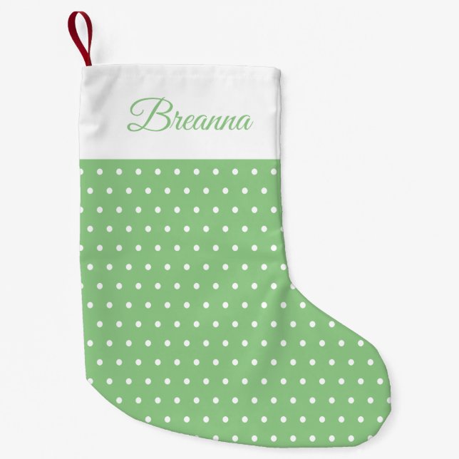 Classic Name Light Green and White Polka Dot Small Christmas Stocking (Front)