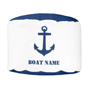 Classic Nautical Anchor Boat Name White Navy Blue Pouf