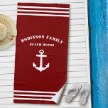 Classic Nautical Anchor Family Beach House Red Beach Towel<br><div class="desc">Classic Nautical Anchor with Your Custom Family Name Beach House Towel. This personalized towel will not just keep you dry but also is a fun conversation piece. Makes a great gift item for any occasion.</div>
