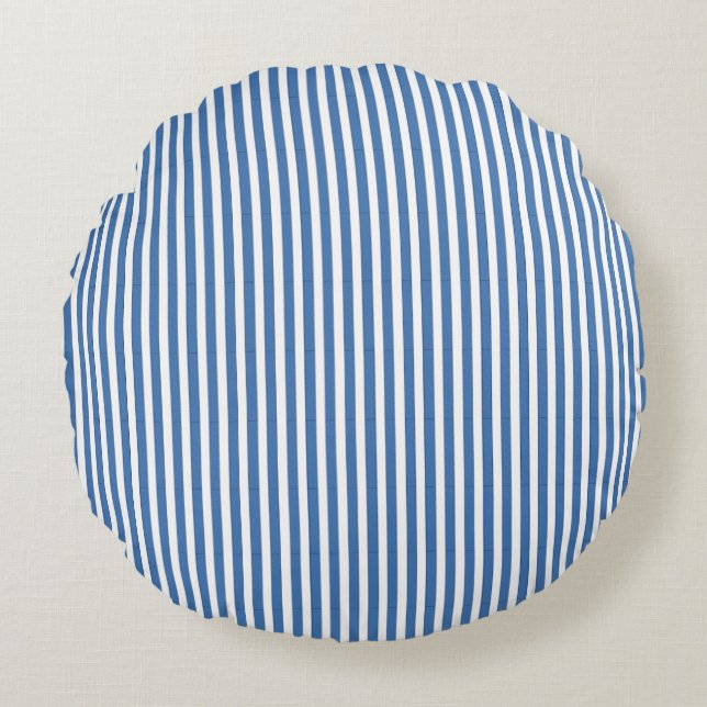 Classic Nautical Blue and White Ticking Stripe Round Pillow (Front)