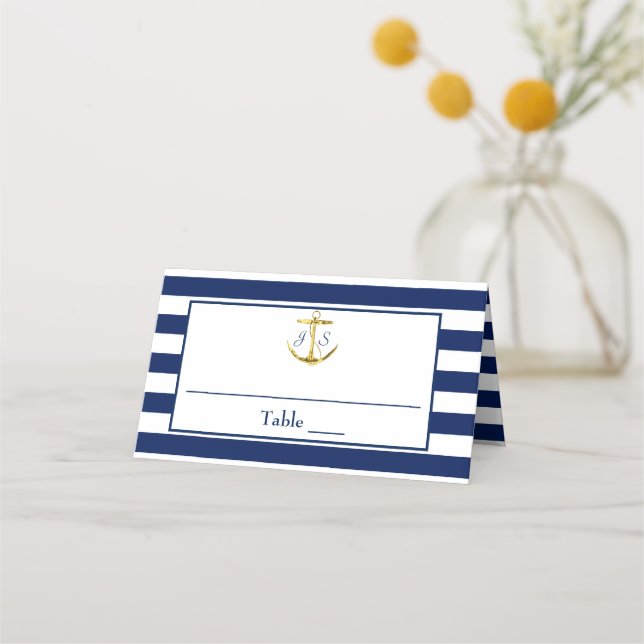 Classic Nautical Blue Stripes Gold Anchor Wedding Place Card (Front)