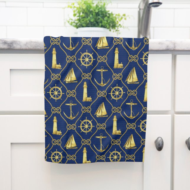 Classic Nautical Gold Blue Kitchen Towel (Creator Uploaded)