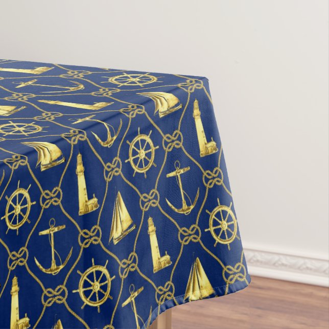 Classic Nautical Gold Rope Ships Wheel Lighthouse Tablecloth (In Situ)