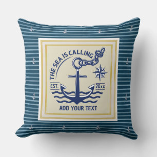 Classic Nautical Navy Blue & Gold Anchor Striped Throw Pillow