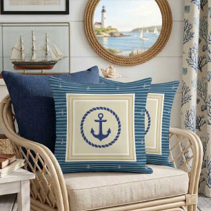 Classic Nautical Navy Blue & Gold Anchor Striped Throw Pillow