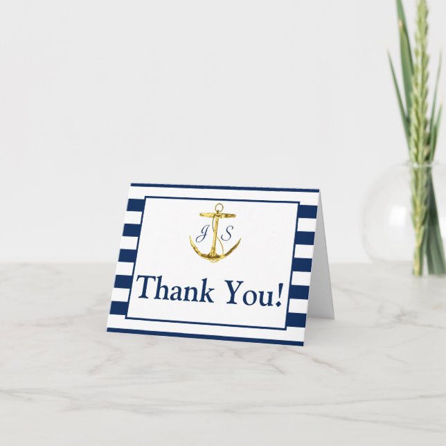 Classic Nautical Navy Blue Gold Wedding Thank You Card (Front)