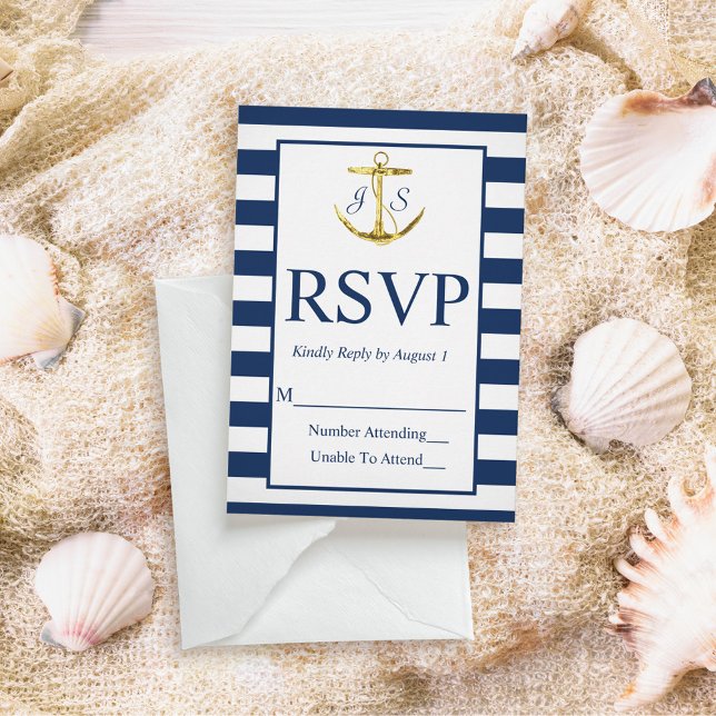 Classic Nautical Navy Blue Stripes Wedding RSVP Card (Creator Uploaded)