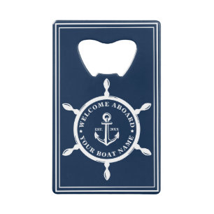 Classic Nautical Navy Personalized Boat Name Credit Card Bottle Opener