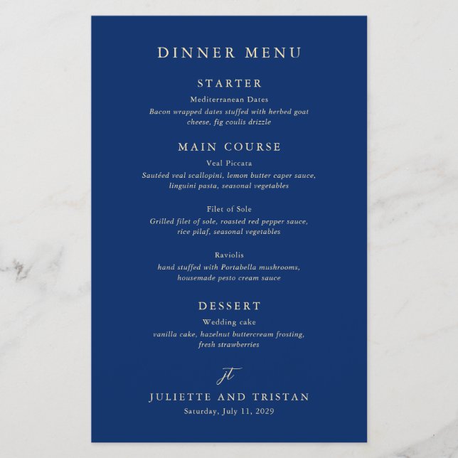 Classic Navy and Cream Elegant Wedding Menu (Front)