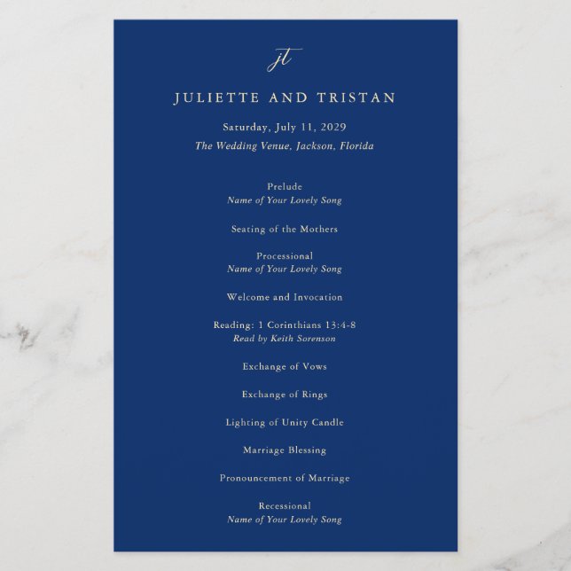 Classic Navy and Cream Elegant Wedding Program (Front)