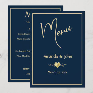 Classic Navy and Gold Wedding Reception Menu Card