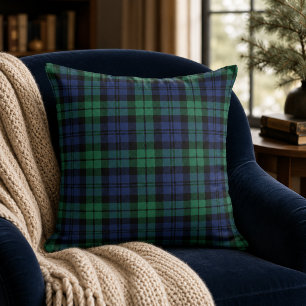 Classic Navy and Green Black Watch Plaid Holiday Throw Pillow