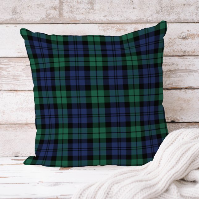 Classic Navy and Green Black Watch Plaid Holiday Throw Pillow (Creator Uploaded)