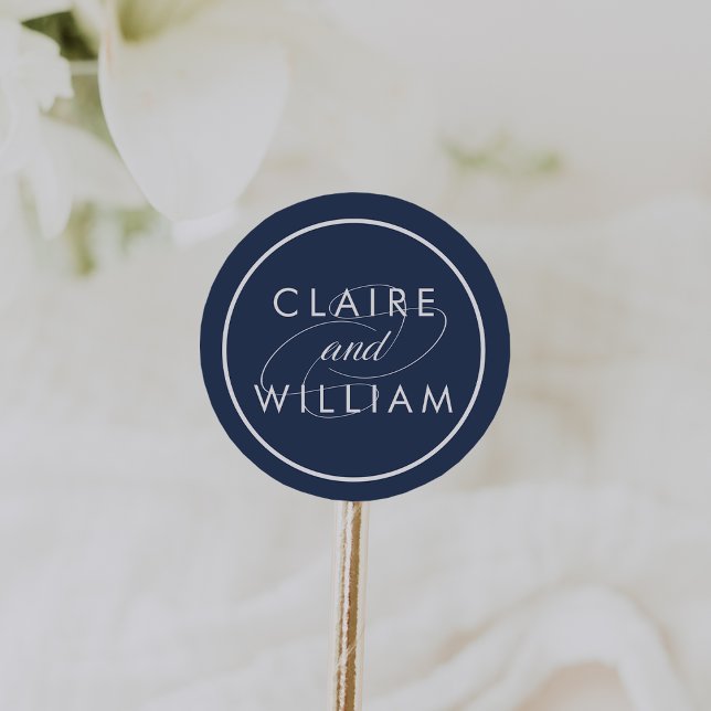 Classic Navy and White Personalized Wedding Round Sticker (Creator Uploaded)