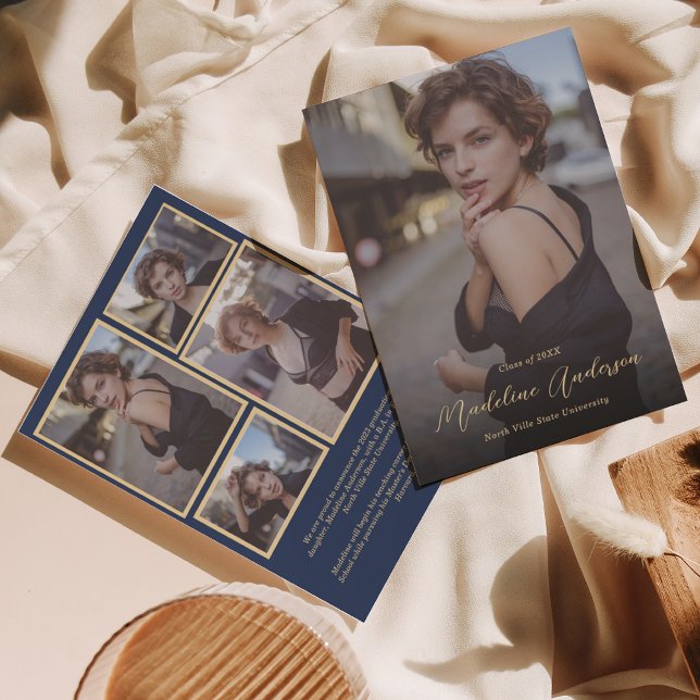 Classic Navy Blue and Gold Photo Graduation Announcement (Creator Uploaded)