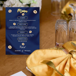 Classic Navy Blue and Gold Wedding Elegant Floral Menu